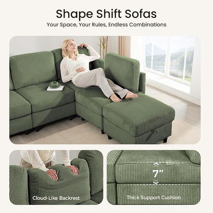 KKL Modular Sectional Sofa Bed with Storage Ottoman, Convertible L/U-Shaped Sleeper Couch for Living Room, Modern Reversible Design (Green, 4 Seat L Shape)