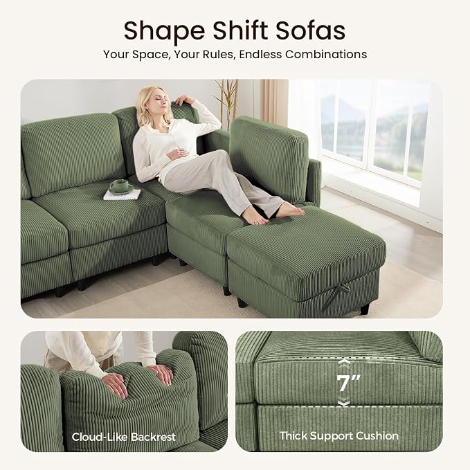 KKL Modular Sectional Sofa Bed with Storage Ottoman, Convertible L/U-Shaped Sleeper Couch for Living Room, Modern Reversible Design(Green,5 Seater L Shape)