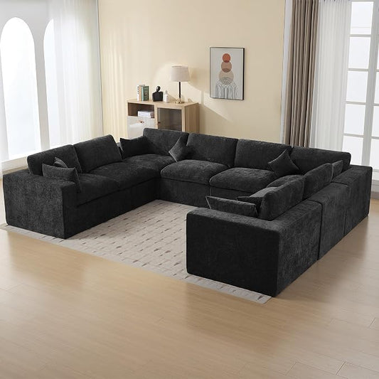 146''Cloud Boneless Sectional Couch, Modular Sectional Sofa Deep Seat, Oversized Upholstered Convertible Comfy 8 Seater Chenille Memory Foam Sofa U Shape Couches for Living Room, Dark