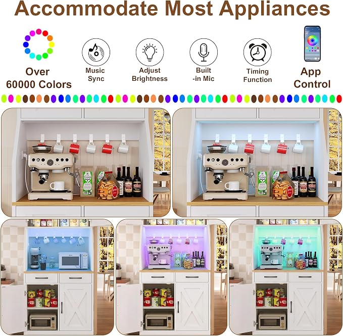 DreamDashio 73" Tall Pantry Cabinet with Charging Station & LED Light, Kitchen Pantry Storage Cabinet with Microwave Stand, Farmhouse Kitchen Hutch with 2 Storage Drawers and 6 Hooks for Dining Room