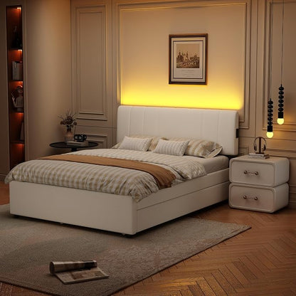 Full Size Upholstered Platform Bed w/Trundle Bed & 2 Storage Drawers | Twin Size Trundle,Two Drawers,LED Lighting Controlled by APP, USB+Type-C Charging Ports, Chenille Upholstered Bed Frame,Beige