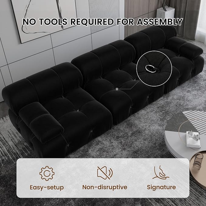 Convertible Modular Sectional Sofa, Modern Velvet Straight 3-Seater Couch for Living Room, Apartment (104 in/Black)