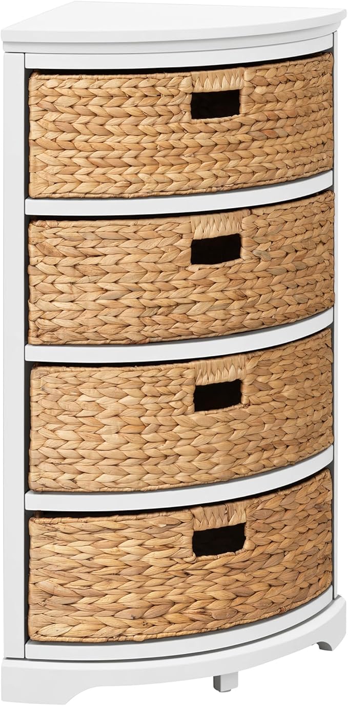eHemco Hampton Meadows 4 Tier X-Side Corner Table Storage Cabinet, White | 4 Wicker Baskets