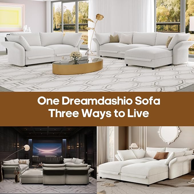 DreamDashio Oversized Sectional Sofa with Storage, 159" U Shaped Cloud Couch Sectional for Living Room with Adjustable Arms & High Backs, 6 Seater, Beige Chenille