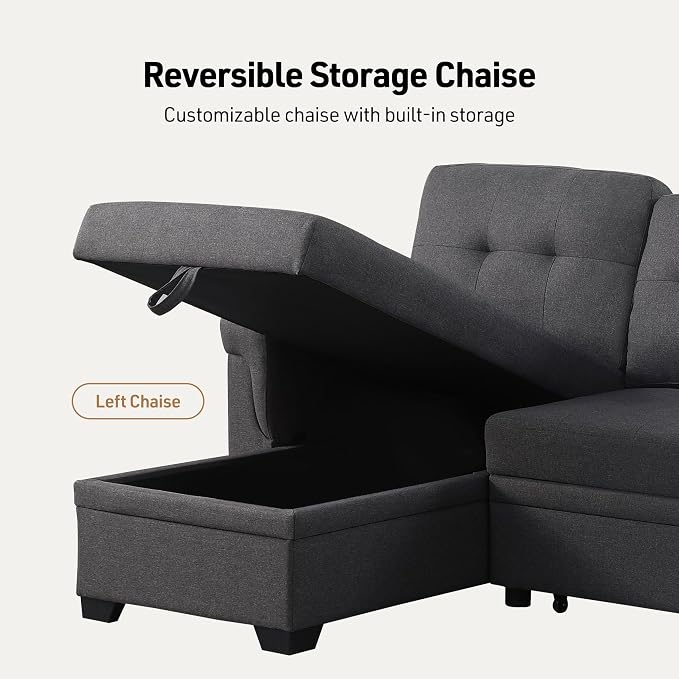 Lilola Home Convertible Sectional Sleeper Sofa Bed 84 Inch, L Shaped Couch with Pull Out Bed, Storage Chaise, Removable Back Cushions for Living Room, Office, Linen Fabric, Dark Gray