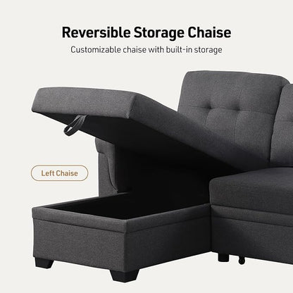 Lilola Home Convertible Sectional Sleeper Sofa Bed 84 Inch, L Shaped Couch with Pull Out Bed, Storage Chaise, Removable Back Cushions for Living Room, Office, Linen Fabric, Dark Gray