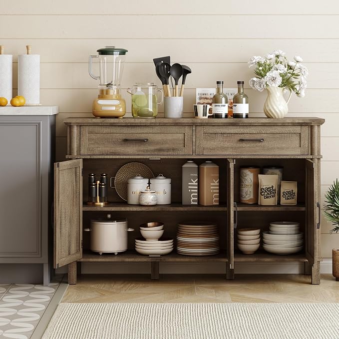ONBRILL 55 Inch Buffet Cabinet with Storage, Farmhouse Sideboard Buffet w/2 Drawers and 3 Doors, Coffee Bar Cabinet with Adjustable Shelves, Sideboard Storage for Kitchen, Living Room, Washed Grey