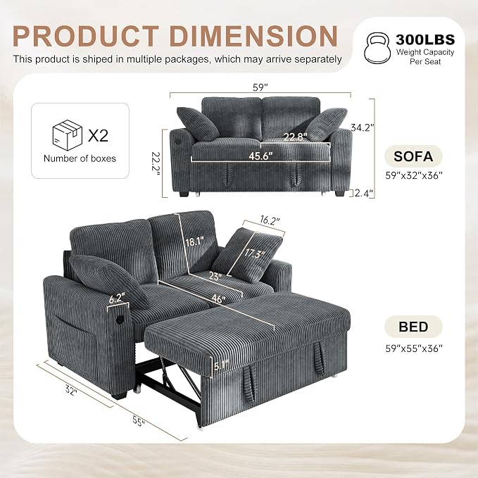 Hanherry 59" Loveseat Sofa with Pull Out Couch Bed, Corduroy 2-in-1 Convertible 2 Seater Sleeper Sofa with USB Charging,Comfy Love Seat for Small Spaces Living Room Apartment