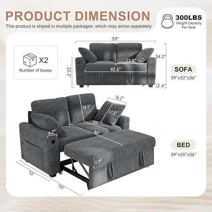 Hanherry 59" Loveseat Sofa with Pull Out Couch Bed, Corduroy 2-in-1 Convertible 2 Seater Sleeper Sofa with USB Charging,Comfy Love Seat for Small Spaces Living Room Apartment
