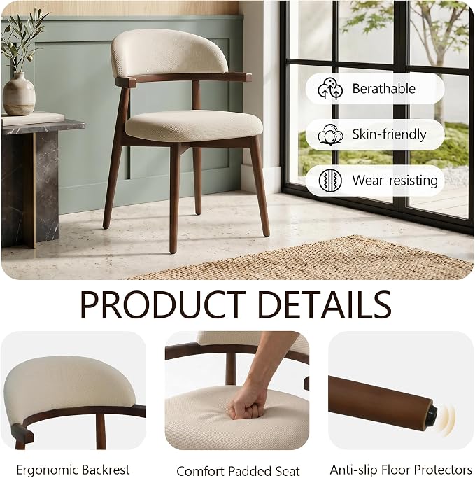 MOJAY Dining Chairs Set of 4 Walnut, Linen Beige with Curved Armrests