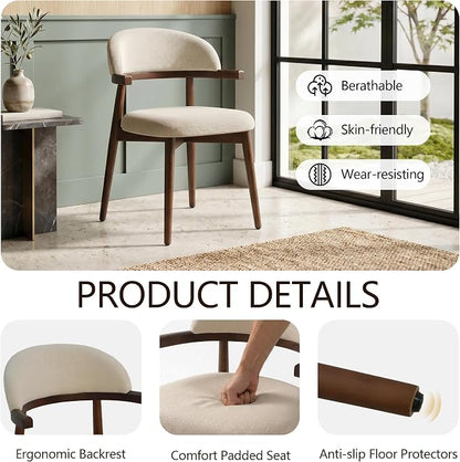 MOJAY Dining Chairs Set of 4 Walnut, Linen Beige with Curved Armrests