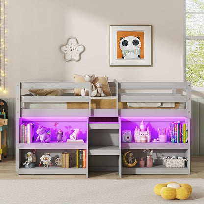 Giantex Twin Loft Bed with LED Lights, Wooden Loft Bed Twin Size with Stairs & Safety Guardrail, Low Loft Bed for Kids with Storage Bookcase and Under-Bed Play Space, Grey