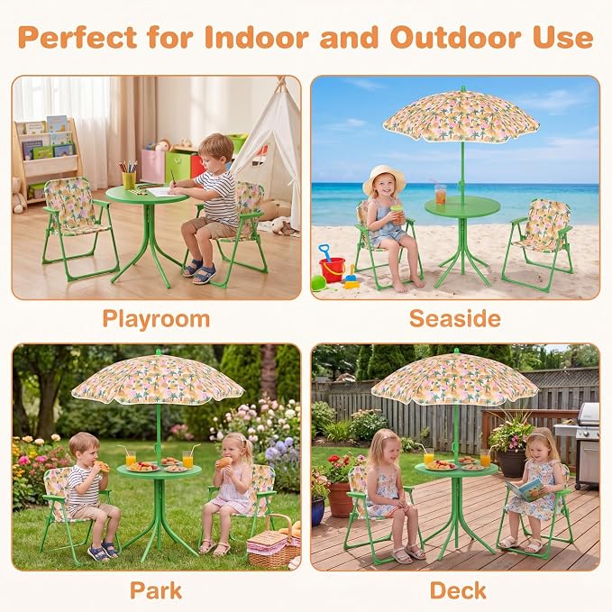 HONEY JOY Kids Picnic Table, Animal Themed Toddler Outdoor Table and Chair Set, 2 Folding Chairs & Removable Umbrella, Children Outdoor Furniture for Backyard Patio Garden (Green Lion)