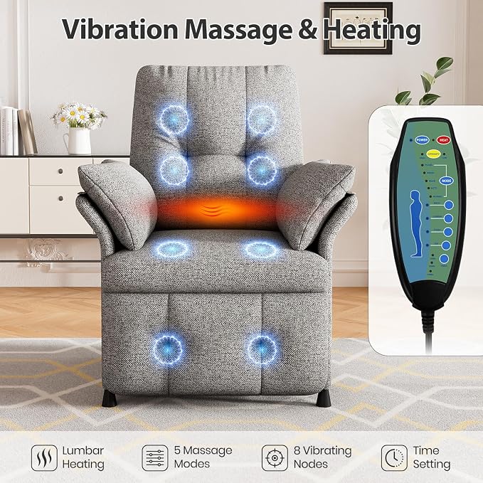 Power Recliner Chair for Adults with Heat & Massage - Linen Electric Reclining Sofa with Remote Control, 3 Side Pockets, 180° Lay Sleeper for Living Room Home Theater, Light Grey