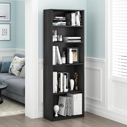 Furinno Jaya Book Shelf Set of 2, 5-Tier Bookshelf, Bookcase, with Adjustable Shelf, 9.5 x 24.5 x 71, for Home Office, Living Room, Black