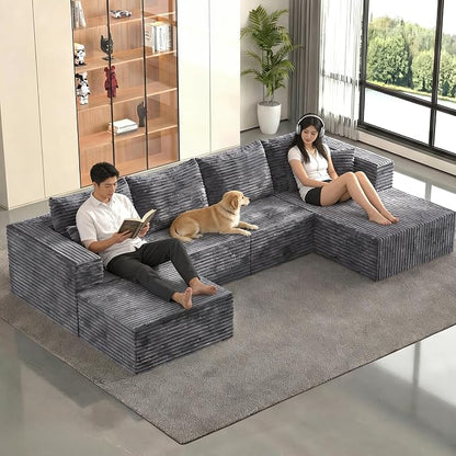 138" Modular Sectional Sofa, U-Shaped Cloud Couch with Deep Seats & Chaise, Convertible Corduroy Boneless Couches for Living Room, No-Assembly - Grey (Right Facing Chaise)