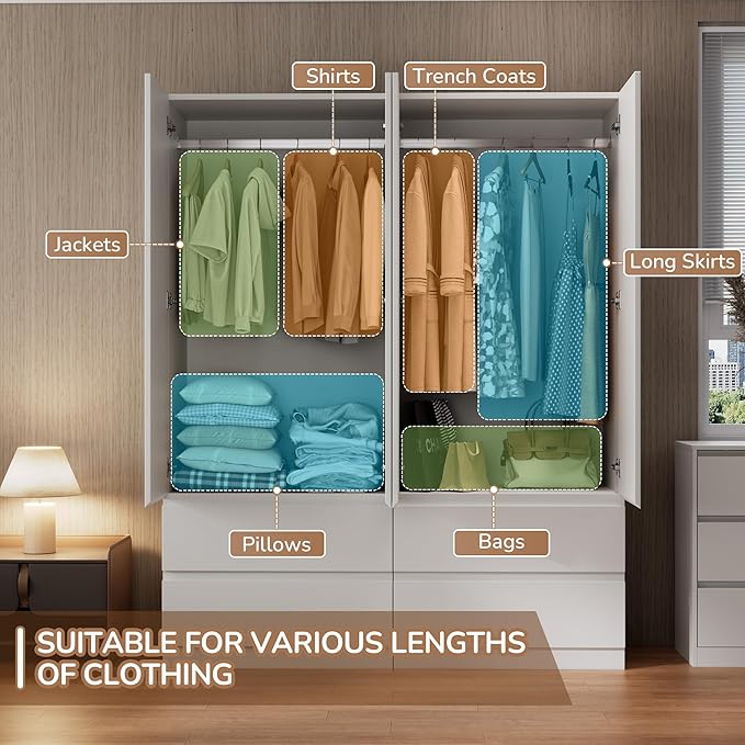 Mekminop White Armoire Wardrobe Closet with Large Capacity, 78.74" Tall Bedroom Armoire, Wooden Wardrobe Cabinet with 2 Drawers, Storage Shelves and Hanging Rod