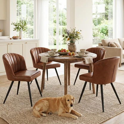 ROCITY Brown Leather Dining Chairs Set of 4 Upholstered Dining Room Chairs with Back Mid Century Modern Accent Chairs Armless Side Chairs for Kitchen/Dining Room/Living Room