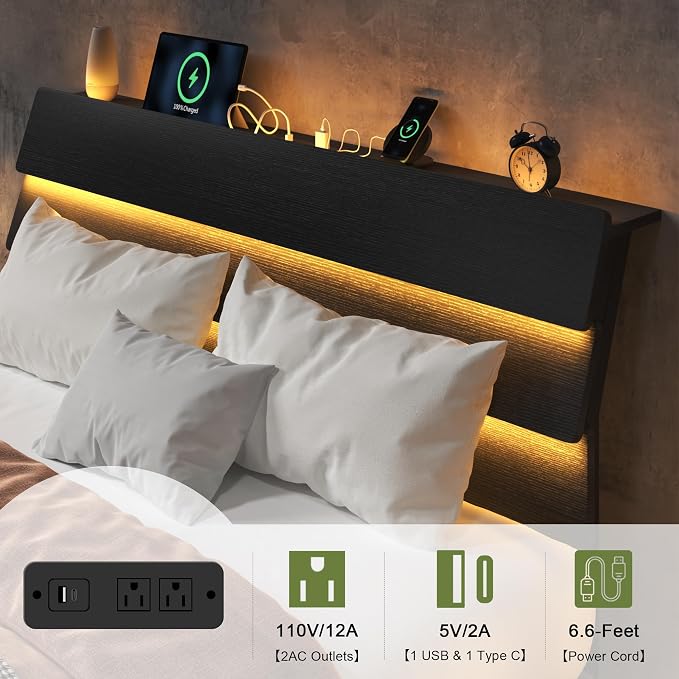 Feonase Floating Bed Frame Full with Led Lights and Charging Station, Wood Full Size Bed Frame with Storage Headboard, Heavy Duty Metal Slats, No Box Spring Needed, Easy Assembly, Noise-Free,Black