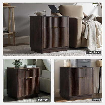 T4TREAM 23'' Fluted Nightstand Set of 2 with Charging Station, Large 2 Drawer Side Table, Modern End Table with Storage, Mid Century Bedside Table for Bedroom, Living Room, Curved Profile, Dark Walnut