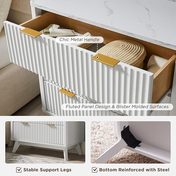 T4TREAM Fluted 3 Drawer Dresser, 32" Tall Modern Chest of Drawers with Faux Marble Top, Curved Profile Design, Wood Drawer Organizer for Bedroom, Living Room, Hallway, Entryway, Solid White