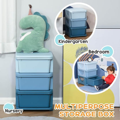 Qaba 3 Drawers Kids Storage Unit, 3 Tier Stackable Toy Organizers and Storage Chest for Bedroom, Nursery, Playroom, Living Room, Boys, Girls, Toddlers, Blue