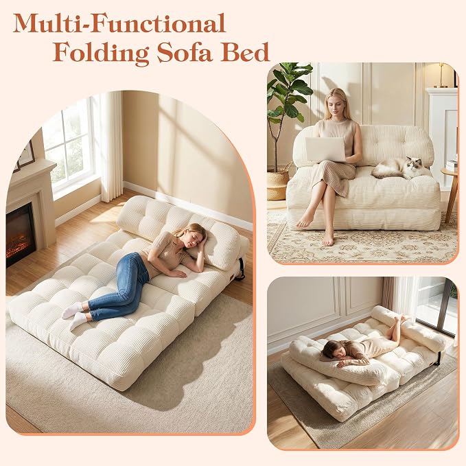 Folding Sofa Bed, Convertible Sleeper Chair with Back Support and Pillow Futon, Boneless Matress, for Living Room/Guest Use/Home Office, Foldable Chair Bed for Adults, Beige, Full