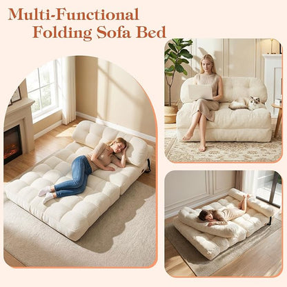 Folding Sofa Bed, Convertible Sleeper Chair with Back Support and Pillow Futon, Boneless Matress, for Living Room/Guest Use/Home Office, Foldable Chair Bed for Adults, Beige, Full