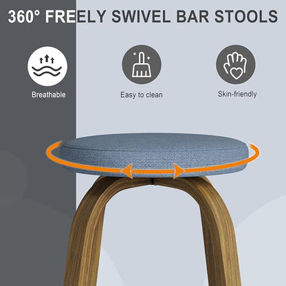 Bar Stools Set of 2, Counter Height Backless Bar Stools, 26" Swivel Barstools Kitchen Chair with Upholstered Fabric Seat, Blue