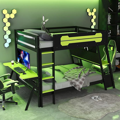 Merax Wooden Full Over Full Bunk Bed with 2 Side Desks, USB Desktop Ports and Pegboard Organizer, Gaming Bunk Bed for Gamer, Kids or Teens, No Box Spring Needed, Green