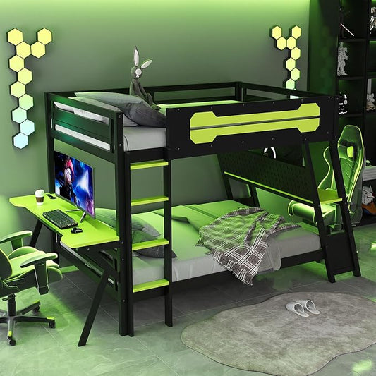 Merax Wooden Full Over Full Bunk Bed with 2 Side Desks, USB Desktop Ports and Pegboard Organizer, Gaming Bunk Bed for Gamer, Kids or Teens, No Box Spring Needed, Green