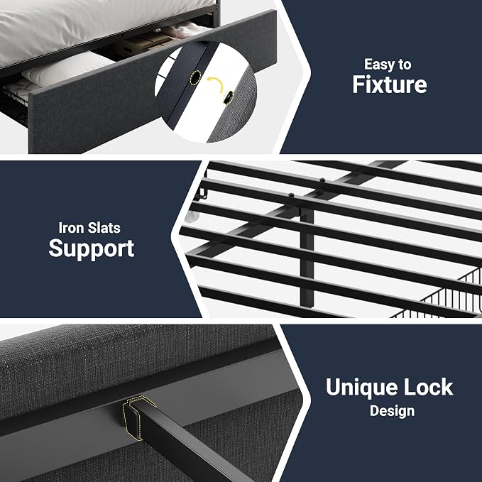 Allewie Queen Size Platform Bed Frame with 3 Storage Drawers, Fabric Upholstered, No Box Spring Needed, Metal Slats Support, Easy Assembly, Dark Gray