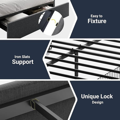 Allewie Queen Size Platform Bed Frame with 3 Storage Drawers, Fabric Upholstered, No Box Spring Needed, Metal Slats Support, Easy Assembly, Dark Gray