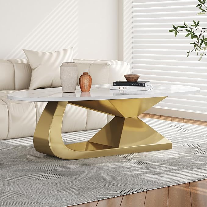 51.2-Inch Modern Oval Marble Coffee Table with Sturdy Gold Stainless Steel Base - Elevate Your Living Room with Style & Luxury, Scratch-Resistant & Easy Assembly.