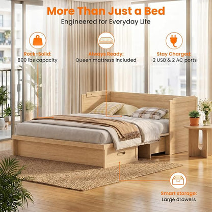 CECER Murphy Bed Queen with Mattress for Guest/Small Space-Natural Wood | Built-in Multi-Port Charging Station ＆ Large Storage Drawer，Space Saving ＆ Easy Assemble and Conversion