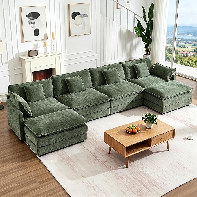 147" Modular Sectional Sofa, Oversized U Shaped Sectionals Cloud Couch, Big Comfy Couch with 2 Ottomans, 6 Seater Chenille Sectional Sofa with Deep Seat and 6 Pillows for Living Room- Green