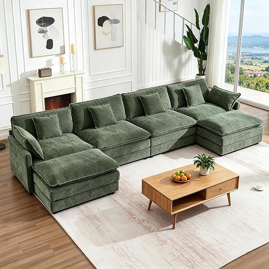 147" Modular Sectional Sofa, Oversized U Shaped Sectionals Cloud Couch, Big Comfy Couch with 2 Ottomans, 6 Seater Chenille Sectional Sofa with Deep Seat and 6 Pillows for Living Room- Green