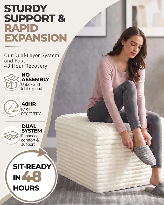 23.6in Pouf Ottoman, Corduroy Ottoman Foot Rest with Dual‑Layer Support, Large Poofy Pouf with Soft Chunk‑Foam Top & Firm Foam Base, Floor Foot Stool for Living Room, Beige