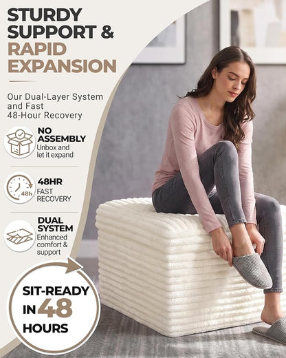 23.6in Pouf Ottoman, Corduroy Ottoman Foot Rest with Dual‑Layer Support, Large Poofy Pouf with Soft Chunk‑Foam Top & Firm Foam Base, Floor Foot Stool for Living Room, Beige