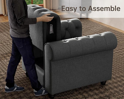 Morden Fort 2 Piece Classic Chesterfield 5-Seater Set, Tufted Loveseat & Sofa Furniture Solid Wood Legs Thick Cushion, Pet-Friendly Couch Set for Living Room Bedroom Apartment, Linen Grey