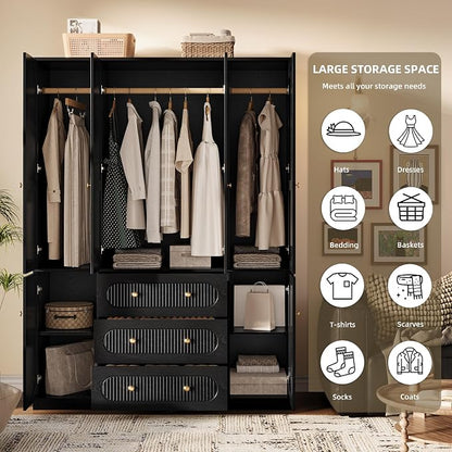 TOKSOM 4 Doors Freestanding Armoire Wardrobe Closet, 72" Black Wardrobe Armoire Wooden Closet Large Capacity Storage with 3 Drawers & 3 Hanging Rod Shelves Clothes Organizer