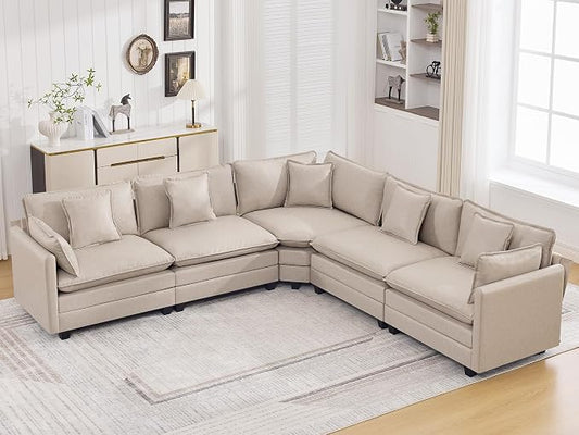 137'' V Shaped Cloud Sectional Sofa, Oversized Deep Seat Leather Couches for Living Room, Comfy Upholstered Modular Sectional Sofa Couch, Leather Beige