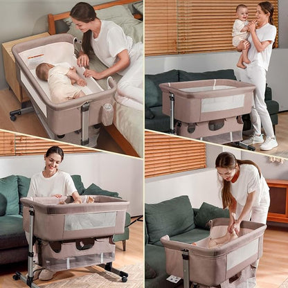 Soobaby Baby Crib,3 in 1 Bedside Crib Adjustable Portable Bed for Infant,Bassinet Baby Newborn Must Have Bed, Khaki