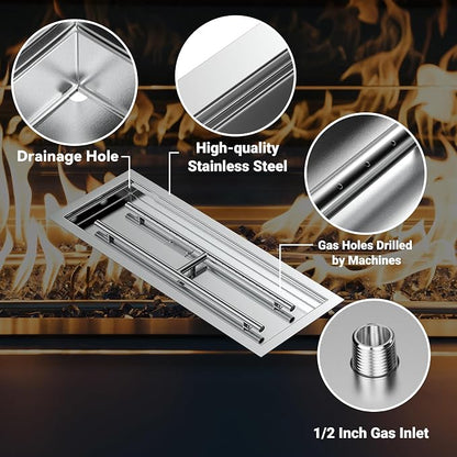 Skyflame 30 x 10 Inch Rectangular Fire Pit Pan Kit, Stainless Steel Drop-in Pan and Burner, Come with Spark Ignition and Propane Hose, Indoor/Outdoor Fire Pit, Fire Table DIY Decorative