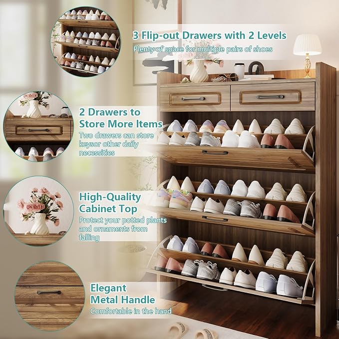 Shoe Cabinet with 3 Large Flip Drawers and 2 Storage Drawers, Narrow Shoe Organizer Cabinet Fits for Kinds of Shoes, Slim Shoe Storage Cabinet for Entryway, Hallway, Walnut
