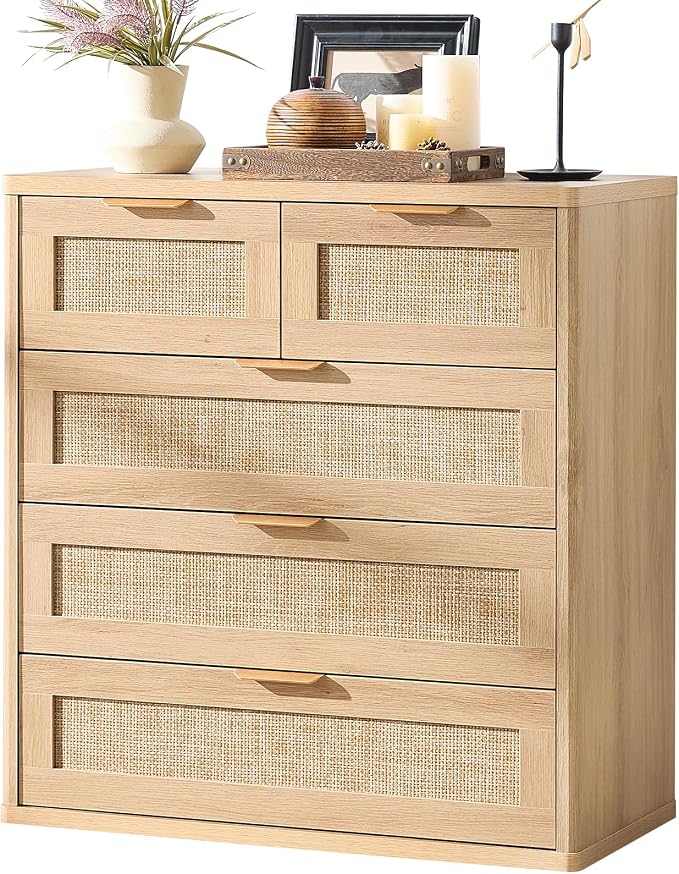 LEYAOYAO Rattan Dresser for Bedroom Set of 2, 33.5" Tall Chest of Drawers, Modern 5 Drawers Boho Dressers with Storage, Light Oak Dresser Wooden Closet Organizer for Living Room, Hallway, Natural Wood