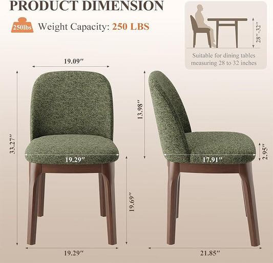MALOL Upholstered Dining Chairs with Thickened Solid Wood Legs, Mid Century Modern Kitchen & Dining Room Chairs Set of 2, Comfortable Side Chairs for Dining Room, Kitchen, Green