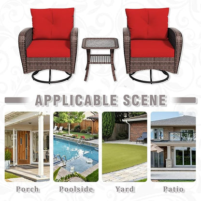 3 Piec Patio Bistro Set with 2 Rocking Chairs & Table, 360° Swivel PE Wicker Outdoor Furniture, Heavy-Duty Steel Frame,Weatherproof Cushions, Red
