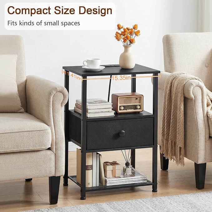 LOAKEKEL Nightstands Set of 2 with Charging Station, Night Stand with Fabric Drawer, End Tables Living Room with Storage Shelf for Small Spaces, Bed Side Tables for Bedroom, Black, HETS010BK