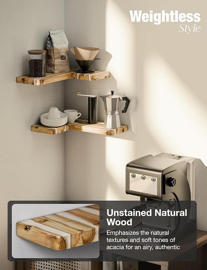 BATODA Acacia Corner Floating Shelves 17“x12”, Wall Shelves - Floating Book Shelves for Wall, Corner Bookshelf for Home Decor - Wooden Shelves with Bracket and Hardware, Boho Decor (Natural Color)